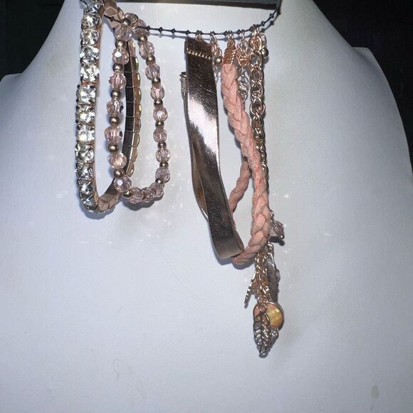 Set of Four Boho Rose Gold Tone‎ Charm, Rhinestone and Leather Bracelets - Picture 1 of 6